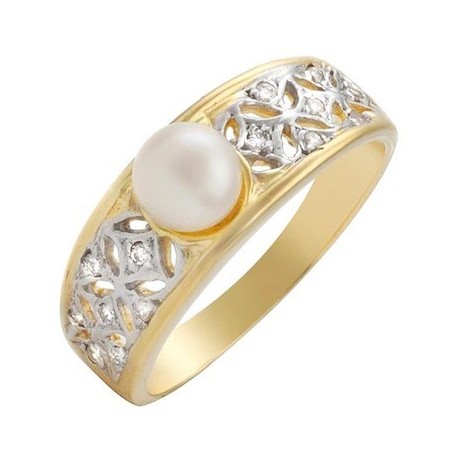 18K Sárga Arany Gyűrű Igazgyöngy és Gyémánt Drágakövekkel