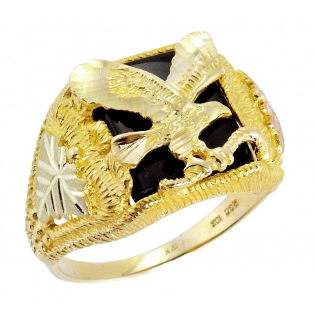 Black Hills 10K Arany Férfi Gyűrű Sassal és Onix Drágakővel